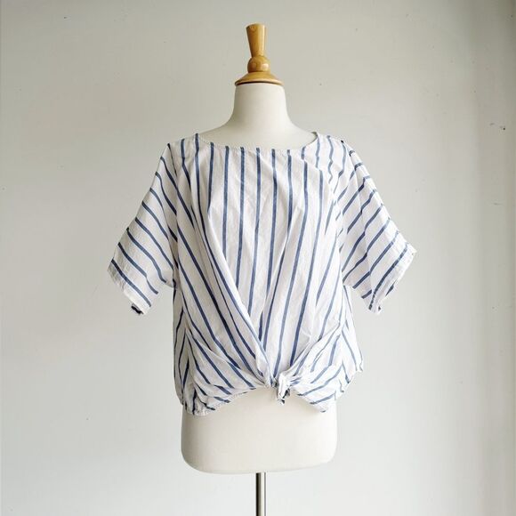 Lou & Grey Tops - LOU & GREY | White and Blue Cotton Tie Front Blouse | XL